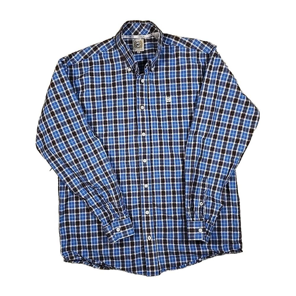 CINCH Men's Button Up Shirt Size Small Blue Plaid Long Sleeve Cotton USA Cowboy